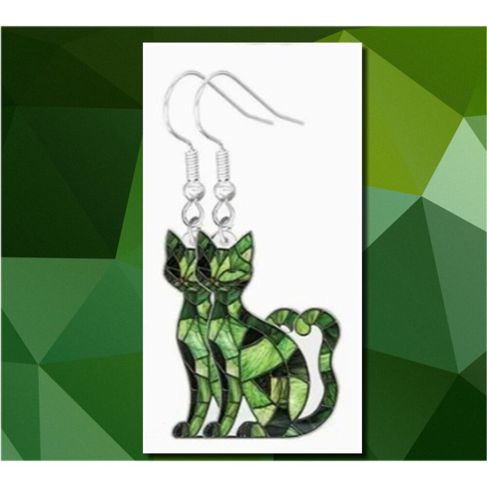 Green Stained Glass Cat Earrings